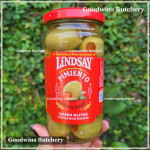 Pickle olive GREEN QUEEN OLIVE stuffed with PIMIENTO crisp & tangy LINDSAY Spain dr. wt. 7oz 198g (JUMBO SIZE)